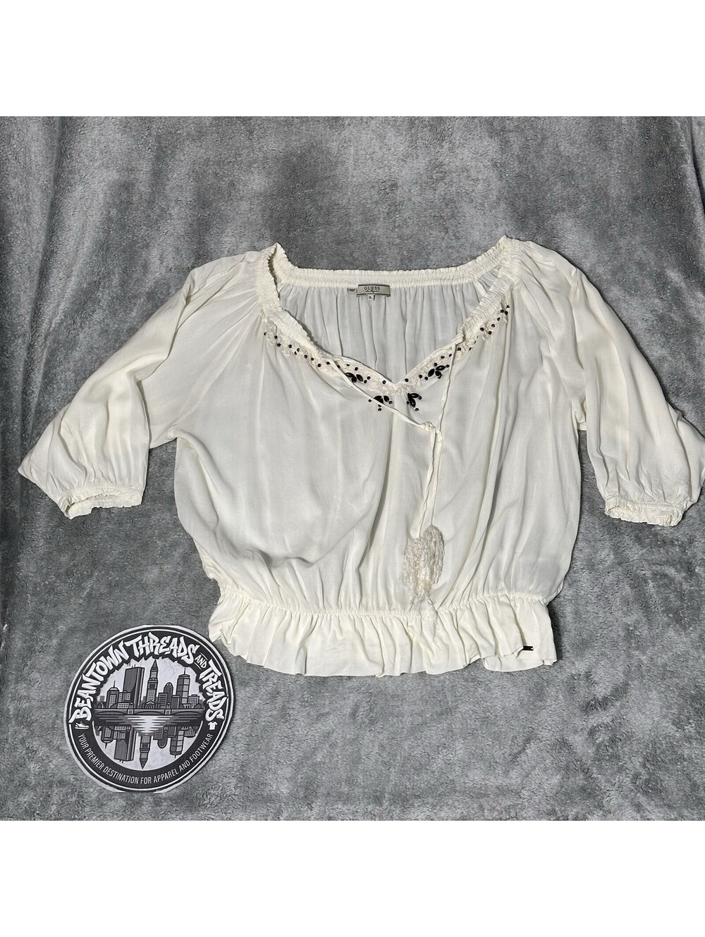 GUESS Women’s XL Off White Peaded Peasant Blouse Top Tassel Drawstring Boho